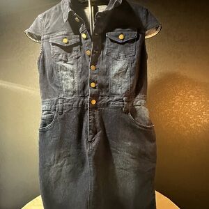 Dark Blue Denim Dress with Gold Accents